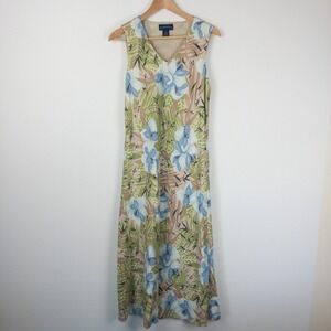 Charter Club Floral Linen‎ Blend Maxi Dress Womens Size 10 Beige Beach V Neck
